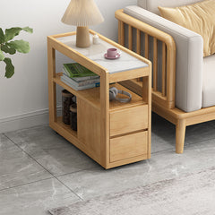 Mobile Solid Wood Sofa Side Table with Wheels