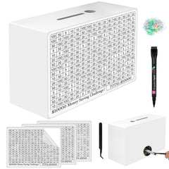 Wooden Money Saving Box Cash Savings Box for $10000 $5000 $3000 Target Money Saving Challenge Reusable Money Box with Counter Cash Vault Bank with Dry Erase Pen/Savings Trackers/Rubber Band-White