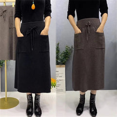 Korean Retro Knitted Wool Long Skirt with Pockets
