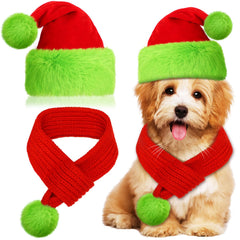 Yeyeplum Christmas Dog Cat Santa Hat with Scarf Lime Green Furry Pet Christmas Outfit Costume Green Adjustable Dog Xmas Hat Dog Knit Red Scarf for Xmas Puppy Cosplay Party(Medium)
