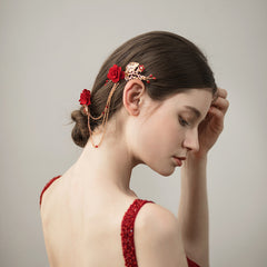 O388 Ethnic Red Bridal Headpiece with Fabric Flowers
