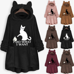 Long Sleeve Cat Print Hoodie with Irregular Hem