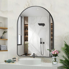 GLASHOM 30"x40" Black Arched Mirror for Bathroom Wall Mounted Mirror Aluminum Alloy Brushed Framed Wall Mirror Anti-Rust Large Mirror for Over Sink Bedroom Entryway (Vertical)