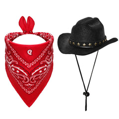 Fumwase Pet Cowboy Costume Halloween Costumes for Dogs Cat Cowboy Hats with Bandana Scarf Costume Accessories Dog Cat (Black hat + Red Small)