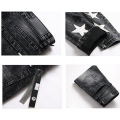 Embroidered Men's Jeans - Slim Fit Motorcycle Style