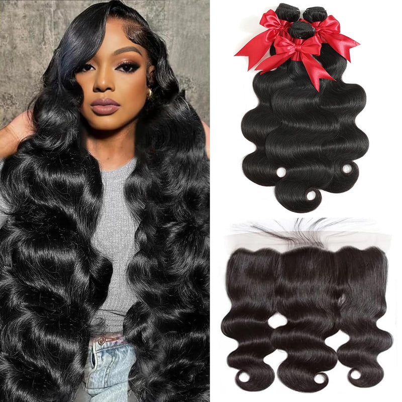 12A Human Hair Bundles with Frontal 16 18 20 with 14 Inch Brazilian Body Wave Bundles Human Hair with Frontal Closure 100% Unprocessed Virgin Human Hair Weave 3 Bundles Deals with 13x4 HD Lace Frontal