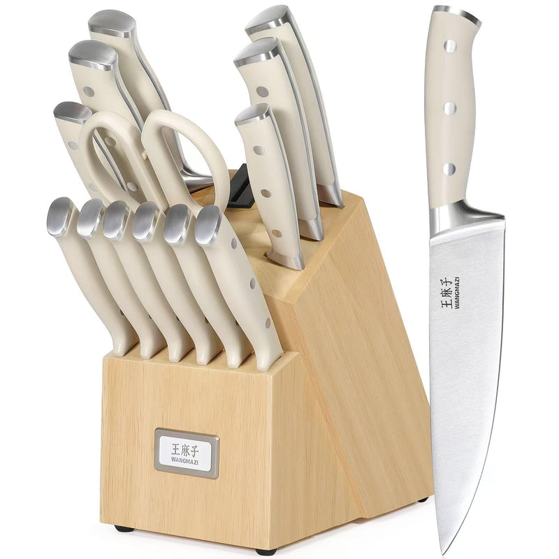 WANGMAZI Premium Chef Knife SetHigh Carbon Stainless Steel ForgedSharp Knife Set Triple-rivet Ergonomic HandleKnives Set for KitchenOver 300 Years of Masterful Craftmanship(Ivory15PCS)