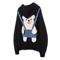 Embroidered Trendy Loose Sweater with Bear Towel Design