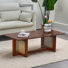VVSHRIV Rattan Coffee Table 42.5 Inch Rectangular Solid Wood Coffee Table with PE Rattan Stand Center Coffee Table for Living Room