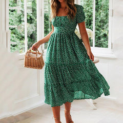 Women's Floral Dress with Square Neck and Bubble Sleeves