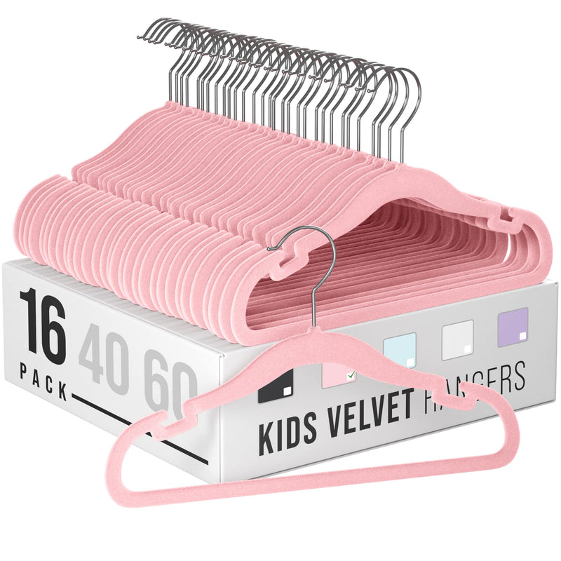 Velvet Baby Hangers for Clothes - Heavy Duty Non Slip Velvet Kids Hangers Or Toddler Hangers for Closet | Ultra Thin Design Kid Hangers for Space Saving - Ganchos De Ropa para Bebe (16 Pack Pink)