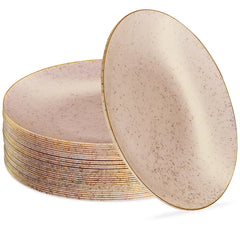 PLASTICPRO 30 Pack Disposable Plastic Plates Heavyweight Granite Look Elegant 10 inch Dinner Plates Pink with Gold Rim