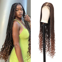 Youthfee 360° HD Full Lace Knotless Braided Wigs with Boho Curly Ends for Women Braided Lace Front Wigs with Baby Hair Human Hair Blended Brown Natural Box Braided Wig 36 Inch
