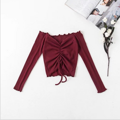 Long Sleeve Crop Top with Ruching and Off-Shoulder Design