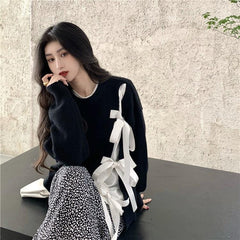 Ladies Bowknot Long Sleeve Round Neck Pullover
