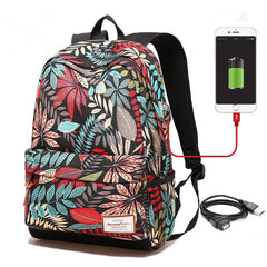 Cute Blue Floral Waterproof Backpack with Charging Port