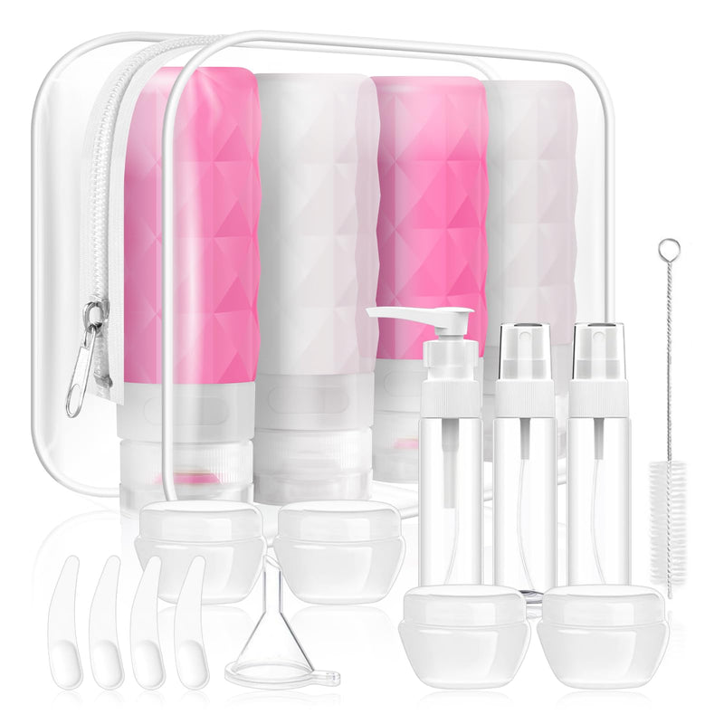 20 Pack Travel Bottles Set Leak Proof TSA Approved Travel Size Containers Silicone Squeezable Travel Essentials Jar Accessories for Conditioner Shampoo Lotion & Body Wash Accessories (Pink+Clear)
