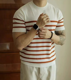 Men's Short Sleeve Striped Round Neck Ice Silk T-shirt