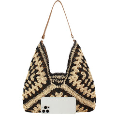 Straw Hobo Bags for Women Boho Aztec Shoulder Bag Woven Hobo Purse Designer Beach Bag for Summer Holiday Work(black1 with Khaki strap)