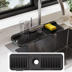 24 Inch Silicone Faucet Mat for Kitchen Sink Splash Guard Behind Faucet6°Slope Sink Water Splash Guard Draining Mat for Kitchen Sink Area Faucet Mat for Bathroom Sink with Fasten Button-Black