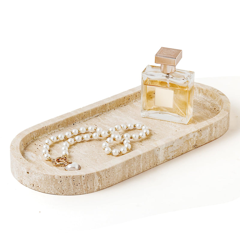 WORHE Stone Tray Natural Travertine Stone Vanity Tray for Jewelry Candles Perfume 11.8
