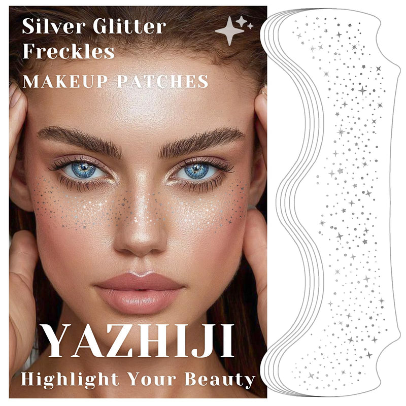 24 Sheets Makeup Patches - Silver- Face Glitter Makeup Speckles Patches Freckles Face Tattoos Silver Sparkle Makeup Patches Makeup Accessories for Women Girl Cosmetic Glitter for Face (Silver)