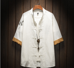 Embroidered Crane Short Sleeve Shirt with Frog Buttons
