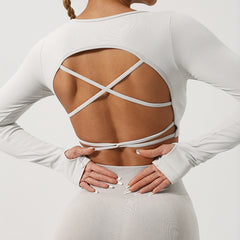 New Women's Long Sleeve Yoga T-Shirt with Cross Back