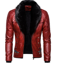Stylish Solid Color Men's Leather Jacket with Fur Collar