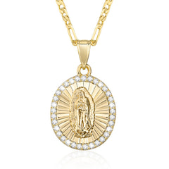 Hisatan 14k Gold Plated Guadalupe Virgin Mary Pendant Necklace for Women Cubic Zirconia Mother Mary Catholic Necklace Virgen de Guadalupe Charm Pendant Lady of Guadalupe Jewelry 18"+2" Chain