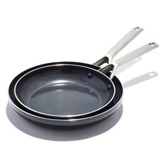 OXO Agility Series 9.5" and 11” Frying Pan Skillet Set Ceramic Nonstick Cookware PFAS-Free Induction Suitable Quick Even Heating Stainless Steel Handle Chip-Free Rims Dishwasher and Oven Safe Black