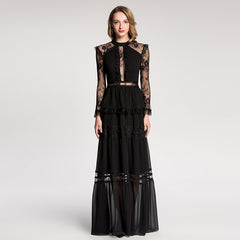 Elegant Lace Sheer Long Dress with Court Style
