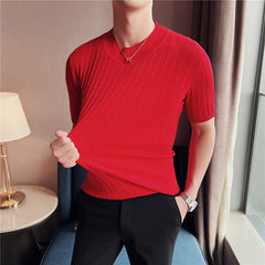 Men's High Collar Slim Fit Striped Knit Shirt Set