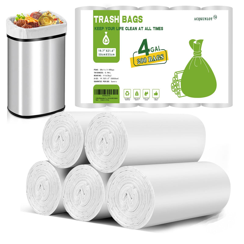 4 Gallon Biodegradable-Trash-Bag Small-Garbage-Bags For Bathroom - White Compostable 200 Count Unscented Kitchen Can Liners Office Waste Basket 15L Tiny Recyclable Acqkunlo