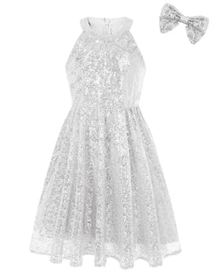 Girls Sparkly Sequin Party Dress – Sleeveless Halter Neck A-Line