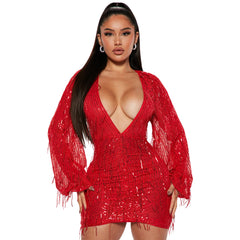 V-neck Sequin Tassel Dress for Women