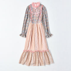 Lotus Lace Patchwork Print Maxi Dress with Bow Tie