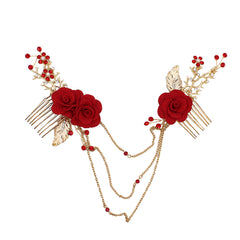 O388 Ethnic Red Bridal Headpiece with Fabric Flowers