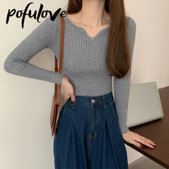 Korean V-Neck Slim Knit Sweater for Women