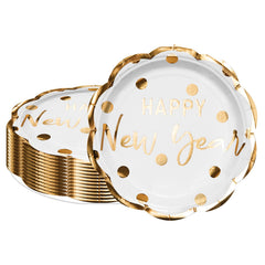 LeZakaa 25Pcs Christmas Paper Plates - Happy New Year Lettering in White Gold Foil Design Disposable Party Plates Decorative Tableware Supplies Table Decor - 9 Inch