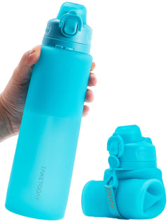 TakeToday Collapsible Water Bottles 32oz Foldable Travel Water Bottle with Strap BPA Free Silicone Water Bottle Leakproof for Hiking International Travel Outdoors (Blue)