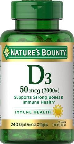 Natures Bounty Vitamin D3 Immune and Bone Support Vitamin Supplement 2000IU 240 Rapid Release Softgels
