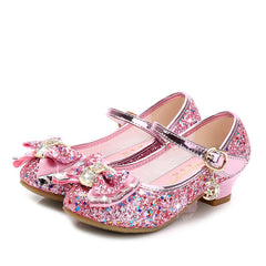 Girls' Casual Glitter High Heel Leather Shoes with Bow