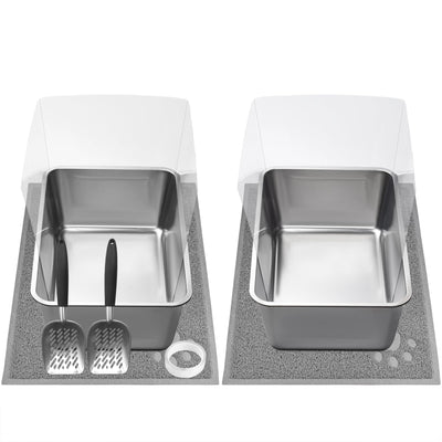 2 PCS Stainless Steel Cat Litter Box Extra Large Metal Litter Box with Plastic Shields Kitty Basic Litter Pan 23.6*15.8 with Metal Litter Scoopers Litter Mat