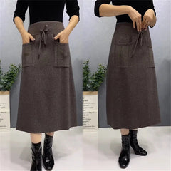 Korean Retro Knitted Wool Long Skirt with Pockets