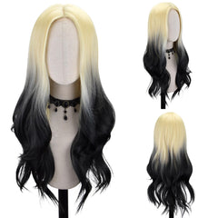 FREE BEAUTY Long Blonde mix Black Wavy Wig for Women Middle Part Curly Wavy Wig Natural Looking Synthetic Heat Resistant Fiber Wig for Daily Party Use 26 inch