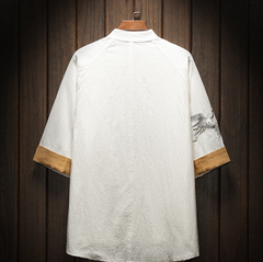 Embroidered Crane Short Sleeve Shirt with Frog Buttons