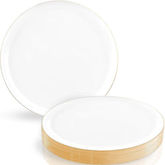 Blue Sky Edge Collection White Gold Rim Plastic Plates 6.3" (10-Pack) - Elegant Disposable Dinnerware for Events and Celebrations
