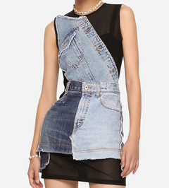 Autumn Contrast Color Denim Stitching Sleeveless Dress