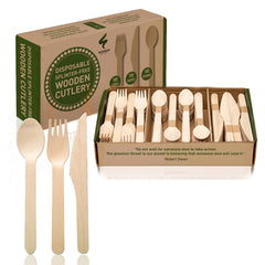 Weemium Disposable Wooden Cutlery Set - 300 Count (100 Forks 100 Knives 100 Spoons) – Plastic-free Packaging - Biodegradable Silverware and Splinter-free Compostable Utensils for Parties